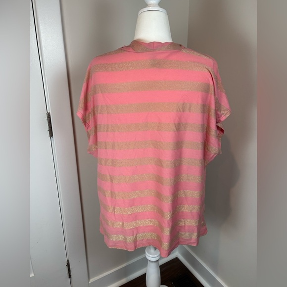 Seven7 Sparkly Coral Pink & Gold Striped Cowl Neck Top | Plus Size 2X/3X - Picture 8 of 10